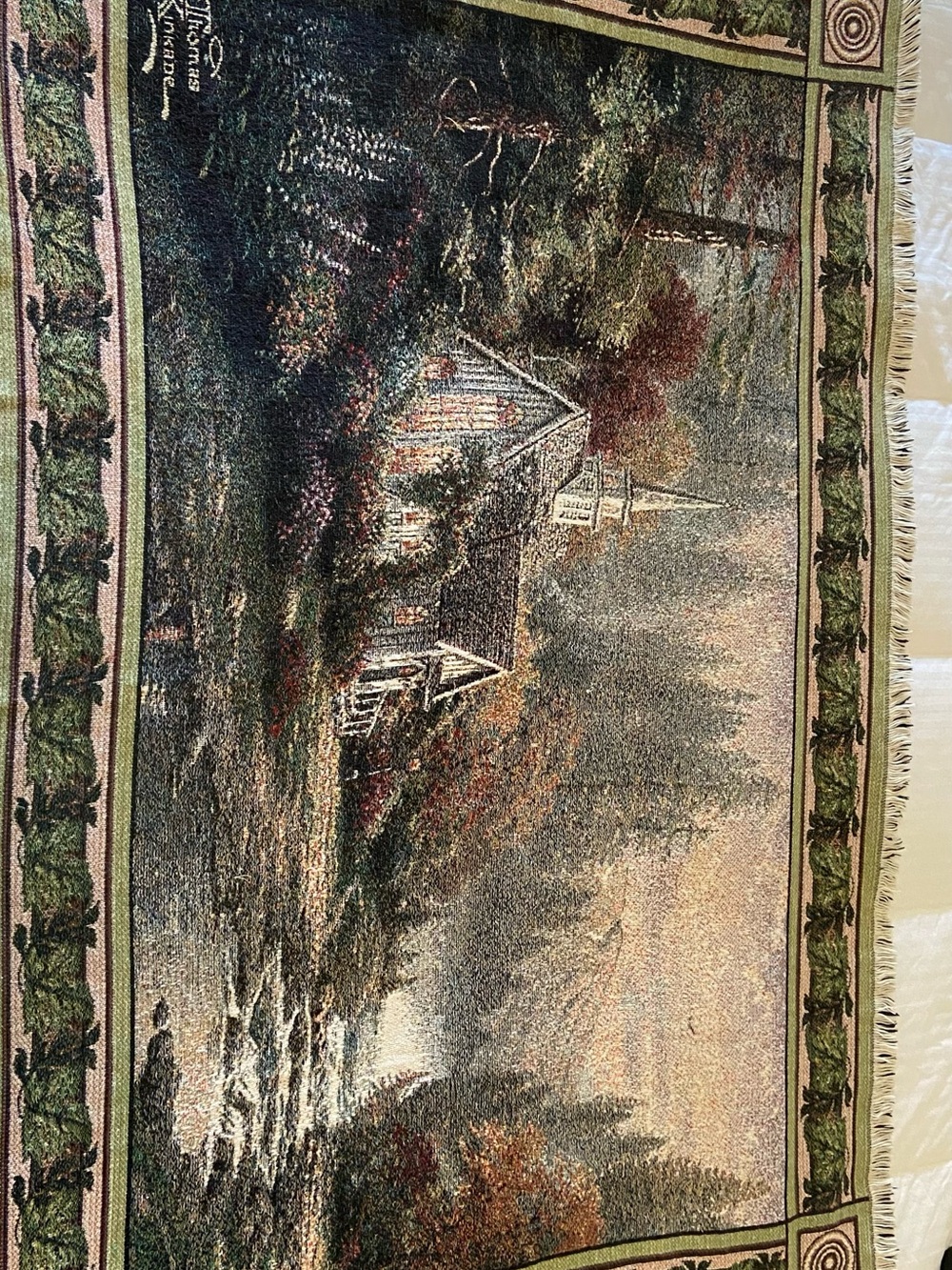 Thomas Kinkade Woven Tapestry Throw Blanket Church Cottage Landscape 45x66 Fring